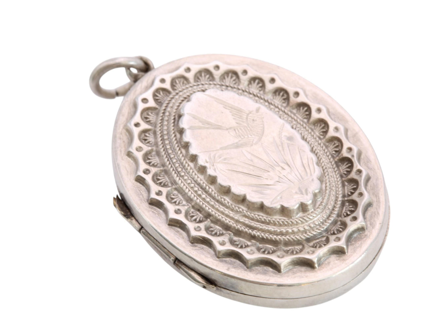 Antique Sterling Silver Locket | Chased Swallow in Flight | Victorian 1884