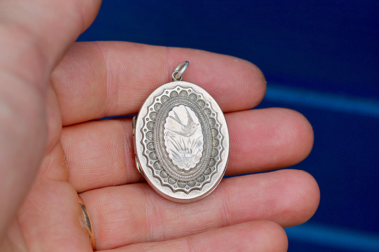 Antique Sterling Silver Locket | Chased Swallow in Flight | Victorian 1884