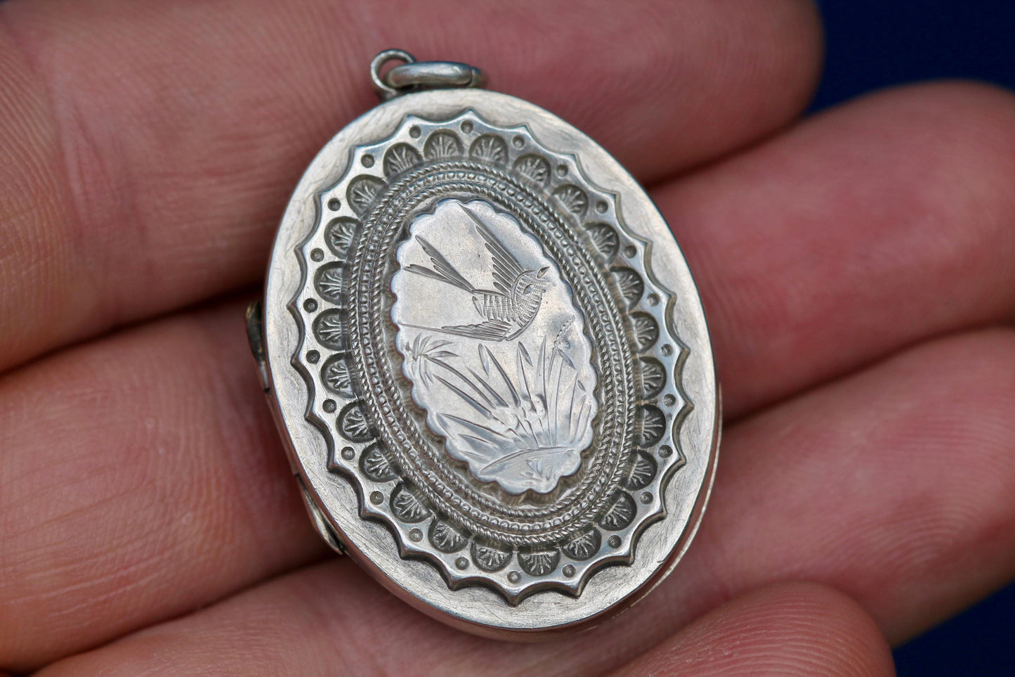 Antique Sterling Silver Locket | Chased Swallow in Flight | Victorian 1884
