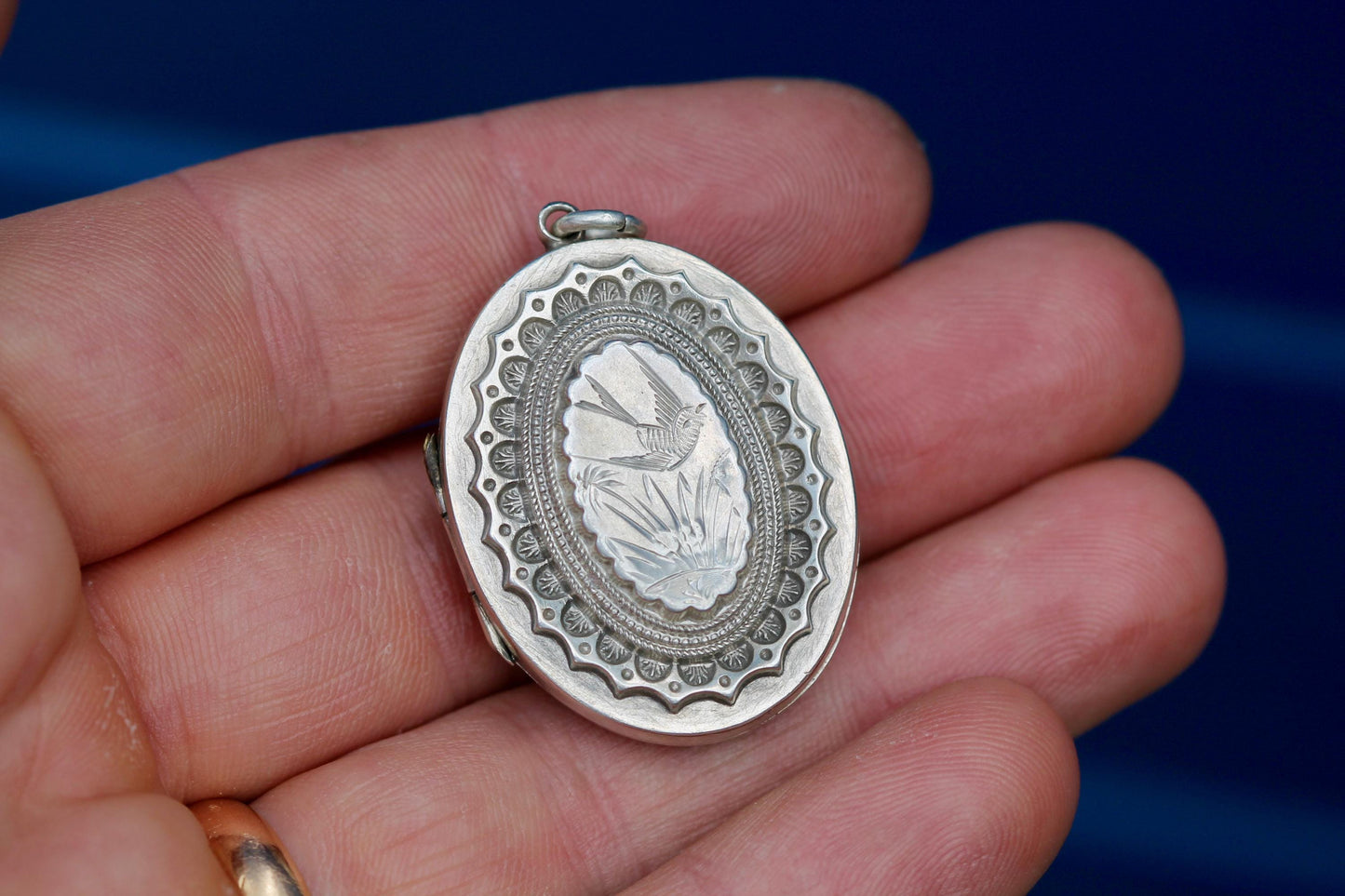 Antique Sterling Silver Locket | Chased Swallow in Flight | Victorian 1884