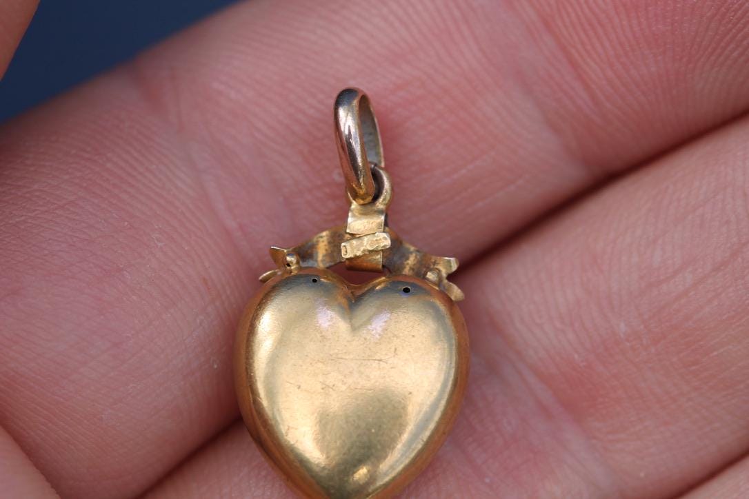 Antique 15ct Gold Heart Pendant | Seed Pearl | Bow Ribbon Motif | Edwardian