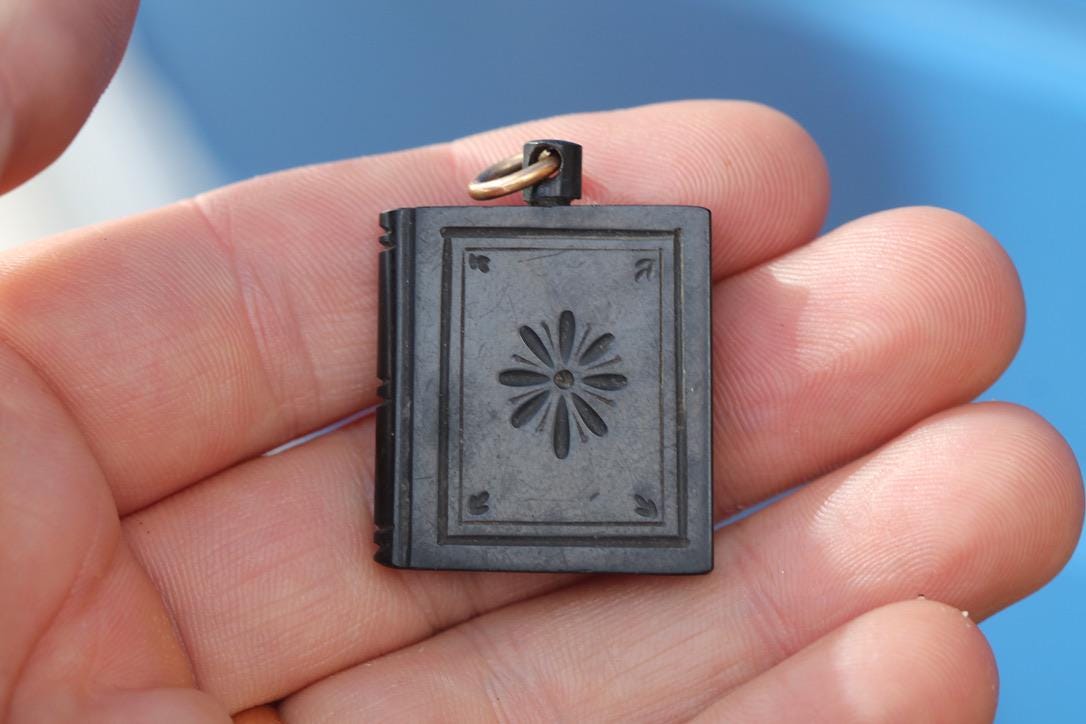 Antique Whitby Jet Book Pendant | Floral Carving | 9ct Gold Jump Ring | Victorian