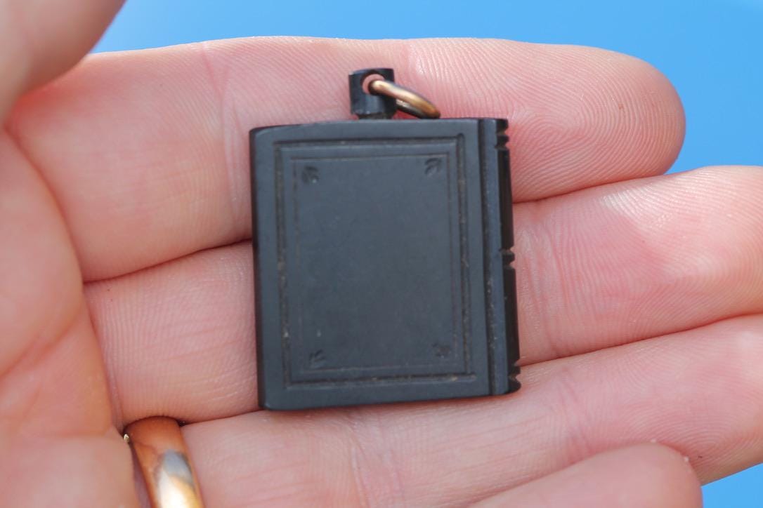 Antique Whitby Jet Book Pendant | Floral Carving | 9ct Gold Jump Ring | Victorian