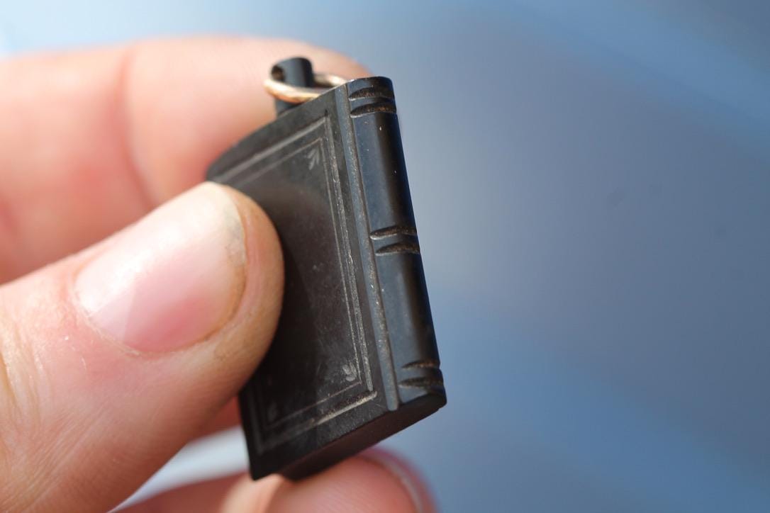 Antique Whitby Jet Book Pendant | Floral Carving | 9ct Gold Jump Ring | Victorian