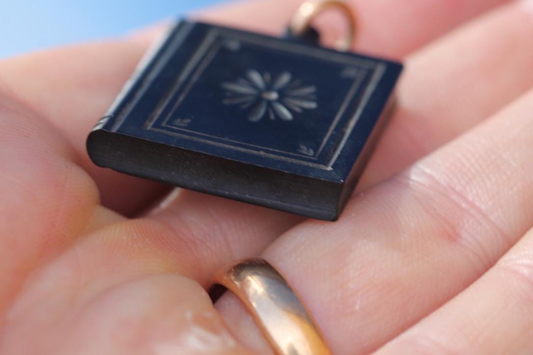 Antique Whitby Jet Book Pendant | Floral Carving | 9ct Gold Jump Ring | Victorian