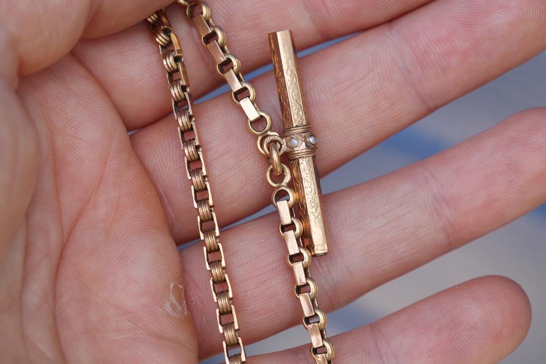 Antique 18ct Gold French Albert Chain | Seed Pearl T-Bar | Watch Key | Victorian