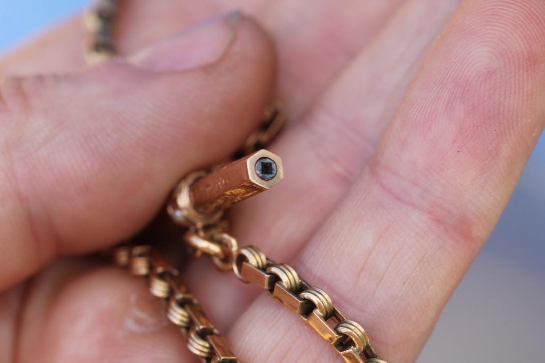 Antique 18ct Gold French Albert Chain | Seed Pearl T-Bar | Watch Key | Victorian