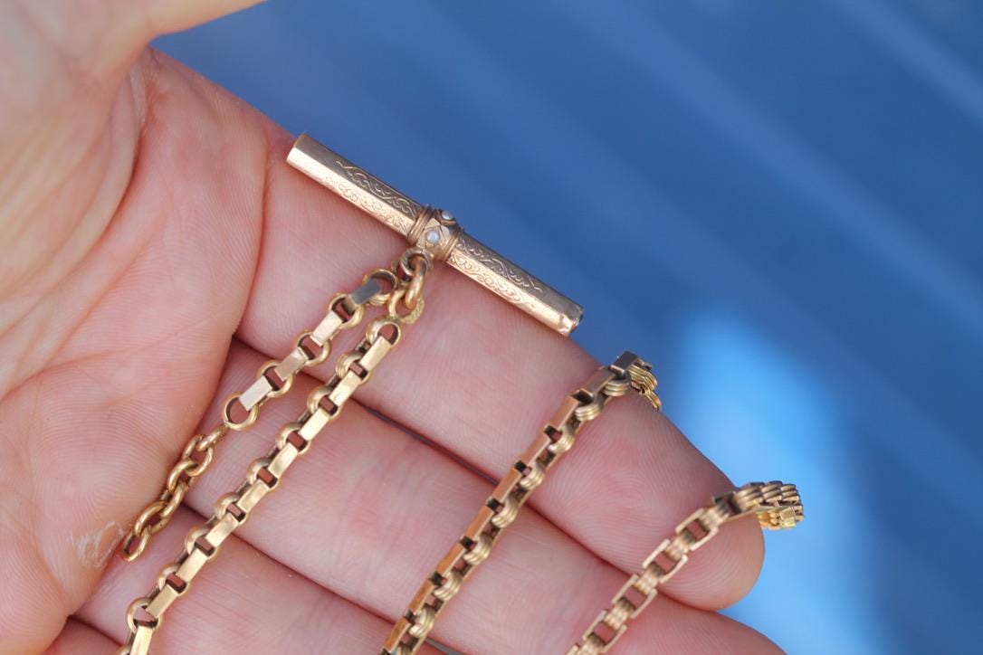 Antique 18ct Gold French Albert Chain | Seed Pearl T-Bar | Watch Key | Victorian