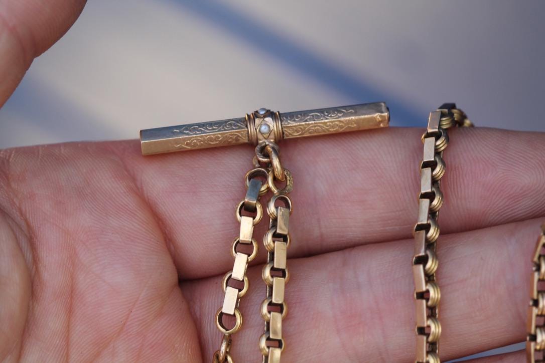 Antique-18ct-Gold-French-Albert-Chain-|-Seed-Pearl-T-Bar-|-Watch-Key-|-Victorian