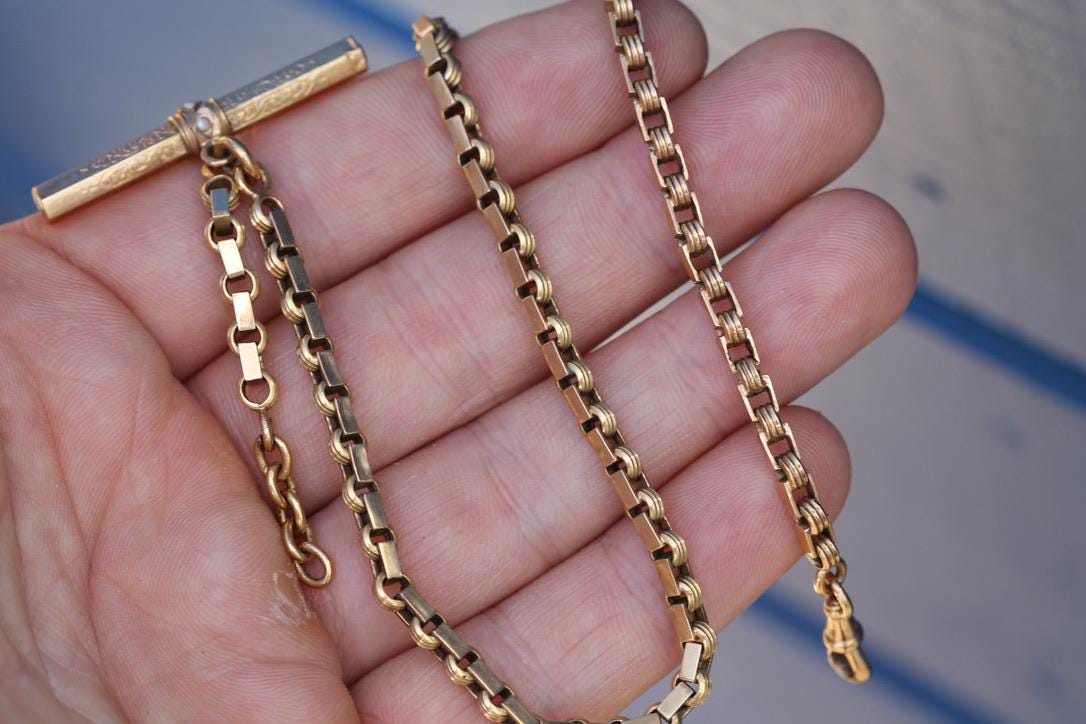 Antique 18ct Gold French Albert Chain | Seed Pearl T-Bar | Watch Key | Victorian