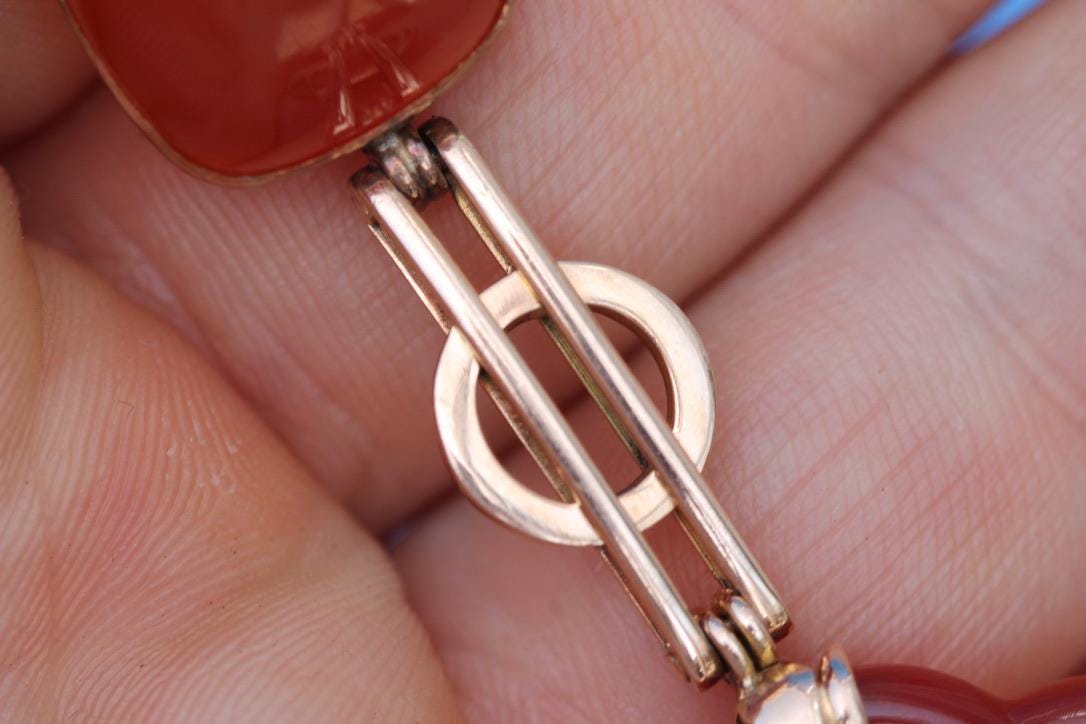 Antique 15ct Gold Bracelet | Sugarloaf Agate, Quatrefoil Links | Edwardian