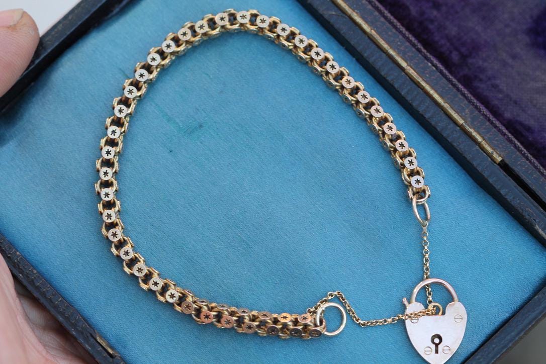 Antique 9ct Gold Star Link Bracelet | Heart Padlock | Safety Chain | Victorian