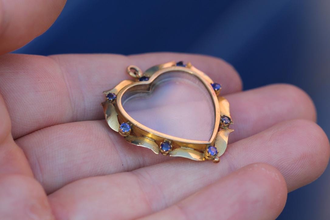 Vintage 9ct Gold Heart Pendant | Blue Paste Stones | Removable Glass Keepsake | c.1960