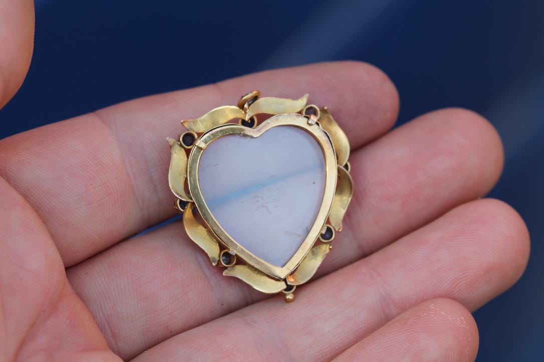 Vintage-9ct-Gold-Heart-Pendant-|-Blue-Paste-Stones-|-Removable-Glass-Keepsake-|-c.1960