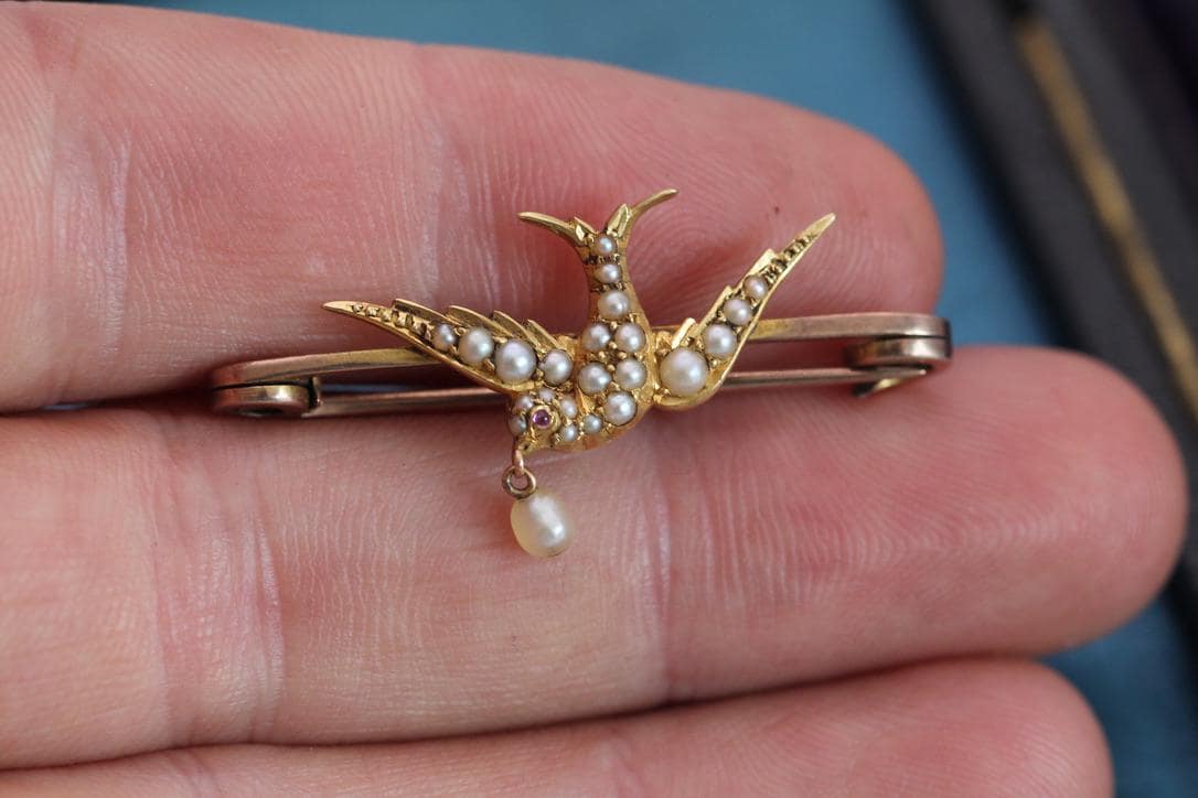 Antique 15ct Gold Swallow Brooch | Seed Pearls & Ruby | Edwardian