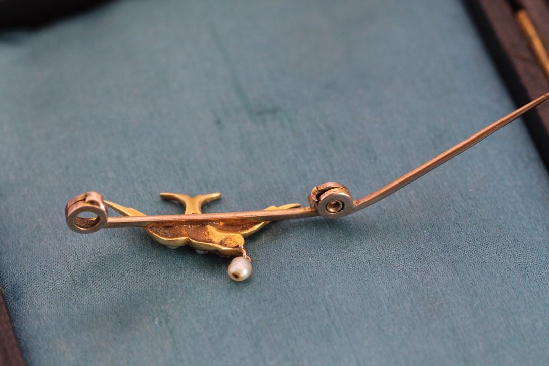 Antique 15ct Gold Swallow Brooch | Seed Pearls & Ruby | Edwardian