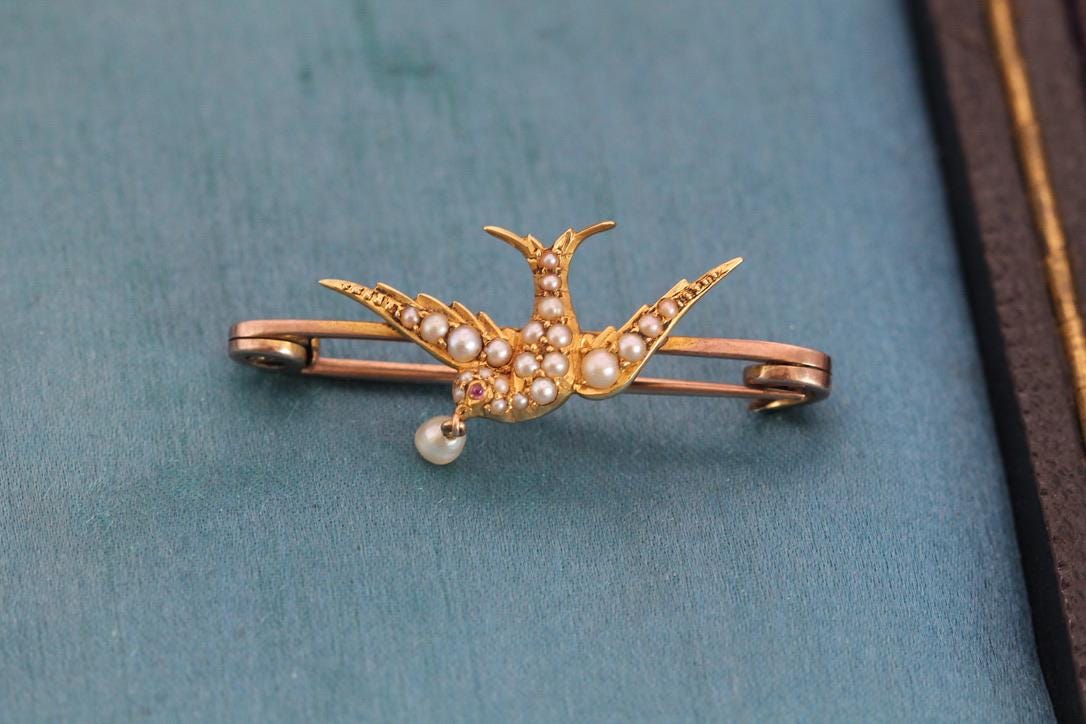 Antique-15ct-Gold-Swallow-Brooch-|-Seed-Pearls-&-Ruby-|-Edwardian