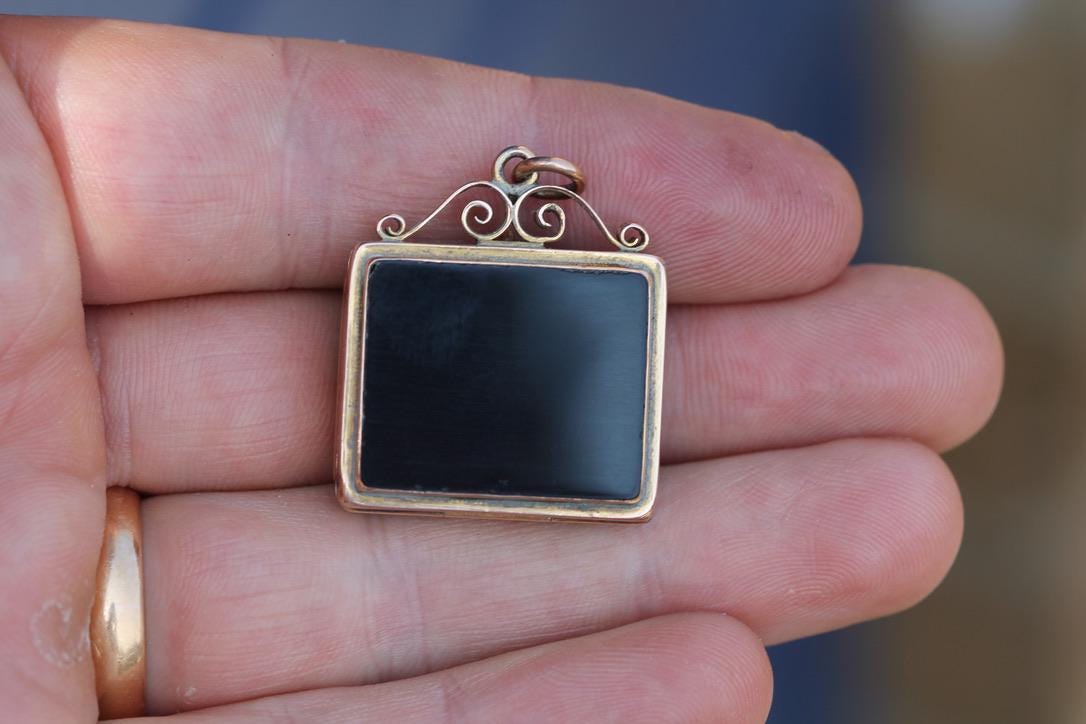 Victorian 12ct Gold Pendant | Carved Hematite Horse | Onyx Reverse | Opens as Locket | c.1860