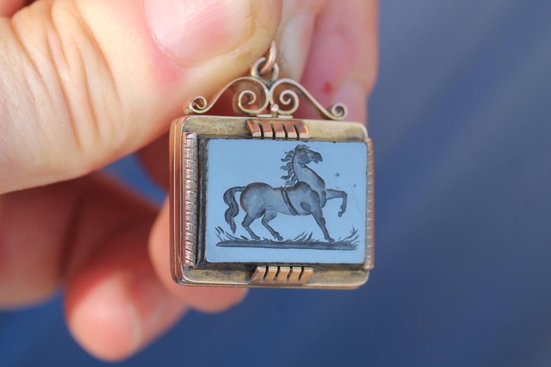 Victorian 12ct Gold Pendant | Carved Hematite Horse | Onyx Reverse | Opens as Locket | c.1860