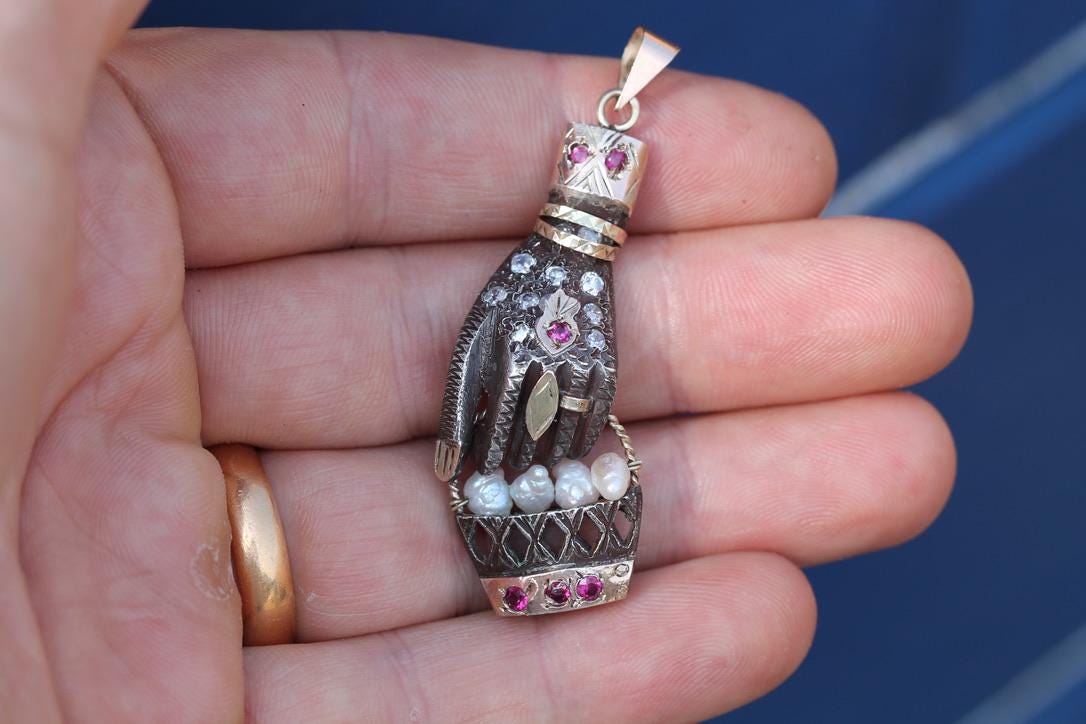Antique Art Deco 800 Silver & 9ct Gold Pendant | Hand Holding Pearl Basket