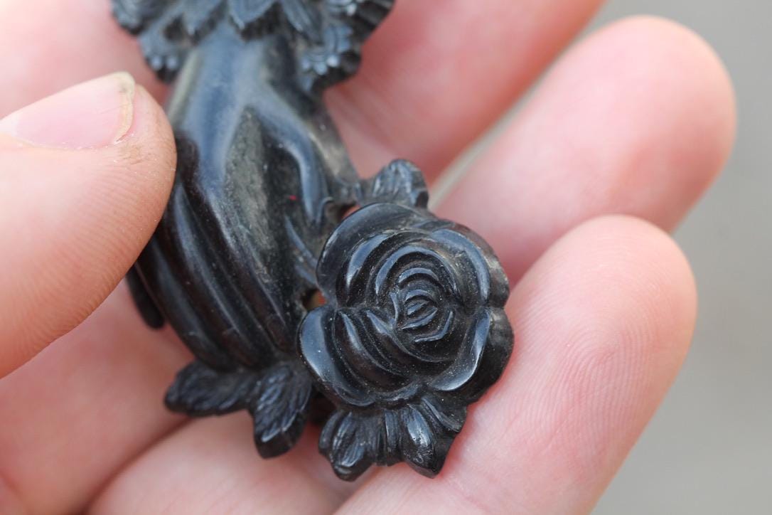 Victorian Whitby Jet Brooch | Carved Hand Holding Rose | c.1880