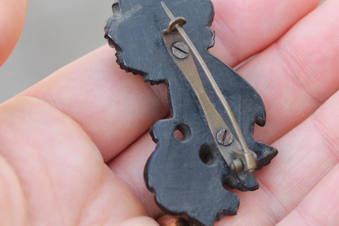 Victorian Whitby Jet Brooch | Carved Hand Holding Rose | c.1880