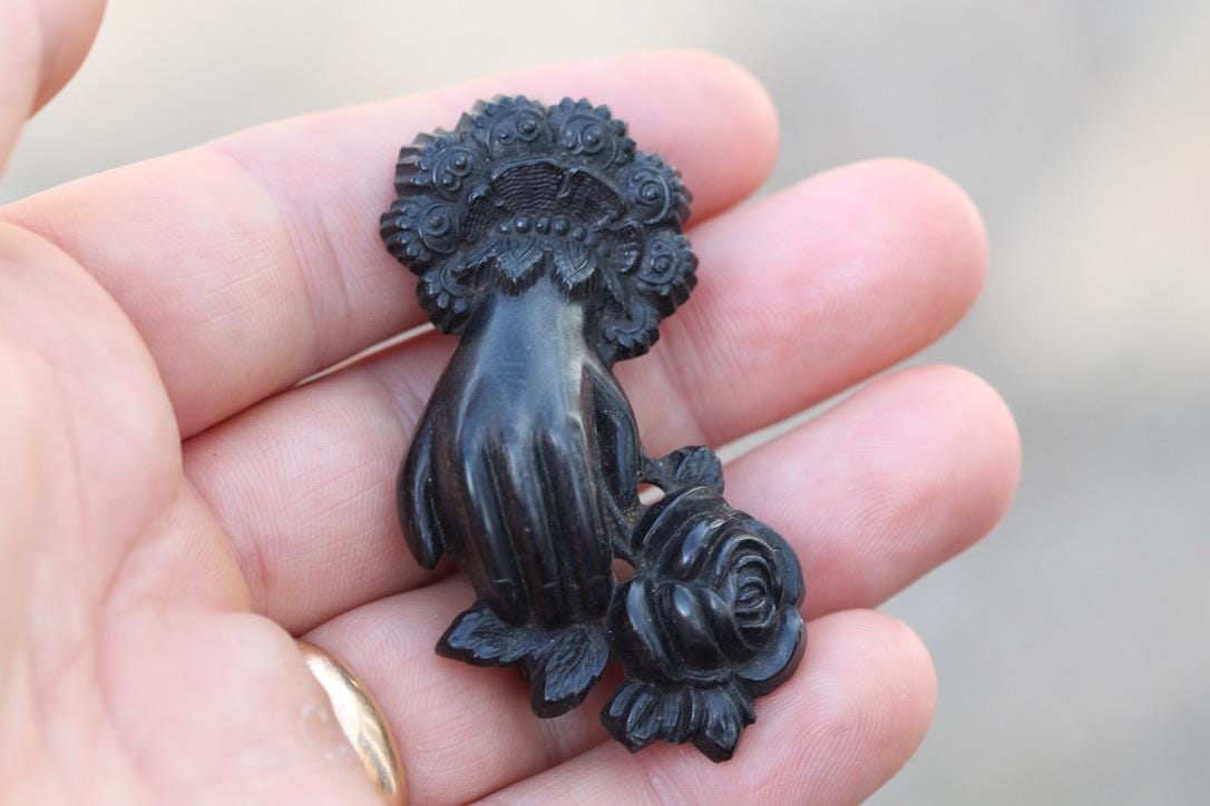 Victorian Whitby Jet Brooch | Carved Hand Holding Rose | c.1880