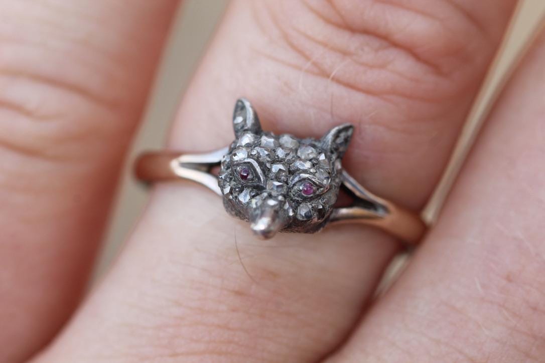 Victorian 9ct Gold Fox Head Ring | Silver Fox | Rose Cut Diamonds & Ruby Eyes