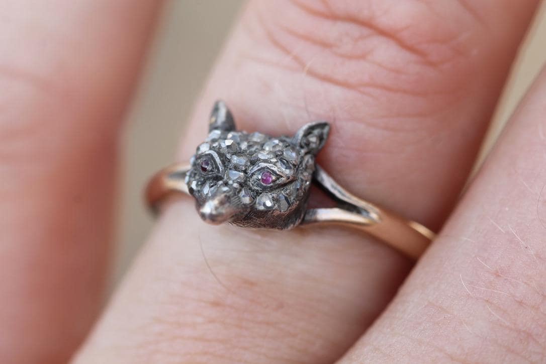 Victorian 9ct Gold Fox Head Ring | Silver Fox | Rose Cut Diamonds & Ruby Eyes