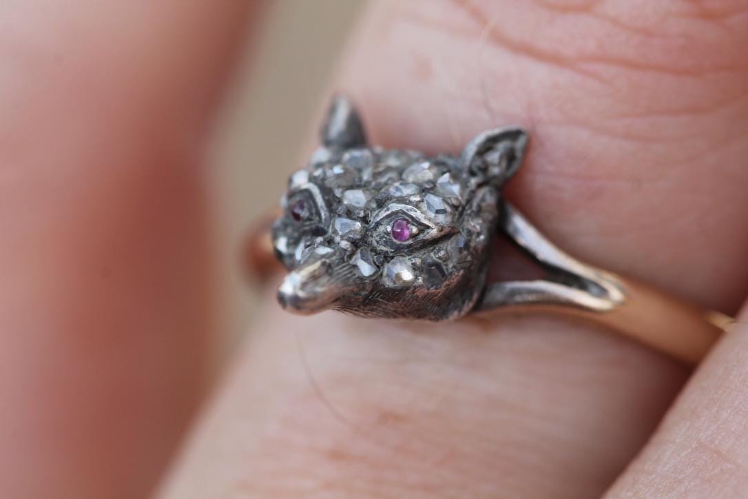 Victorian 9ct Gold Fox Head Ring | Silver Fox | Rose Cut Diamonds & Ruby Eyes