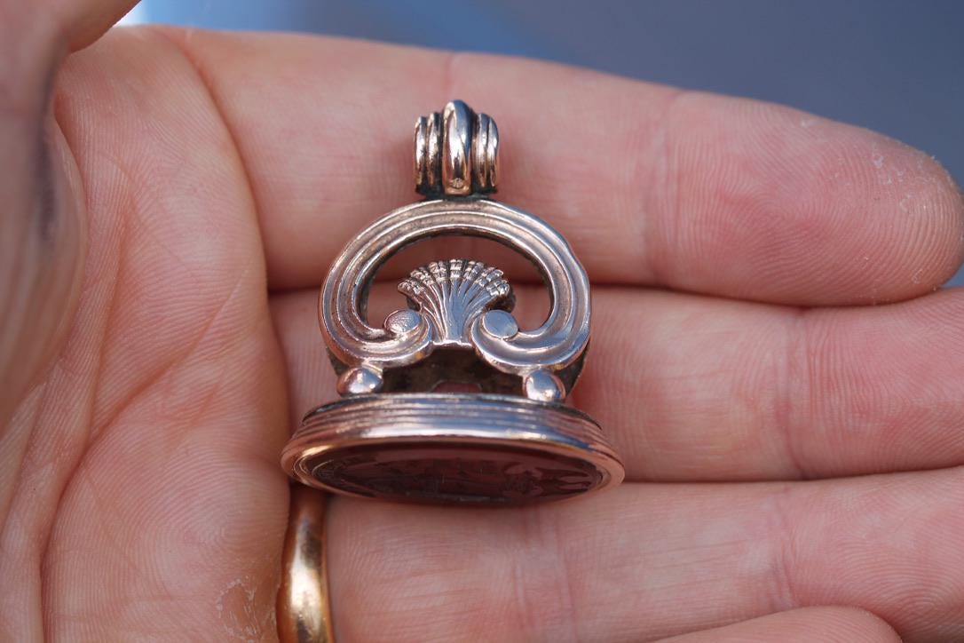 Victorian Carnelian Intaglio Pendant Seal | Phoenix & Hallelujah | Heraldic Crest | c.1860