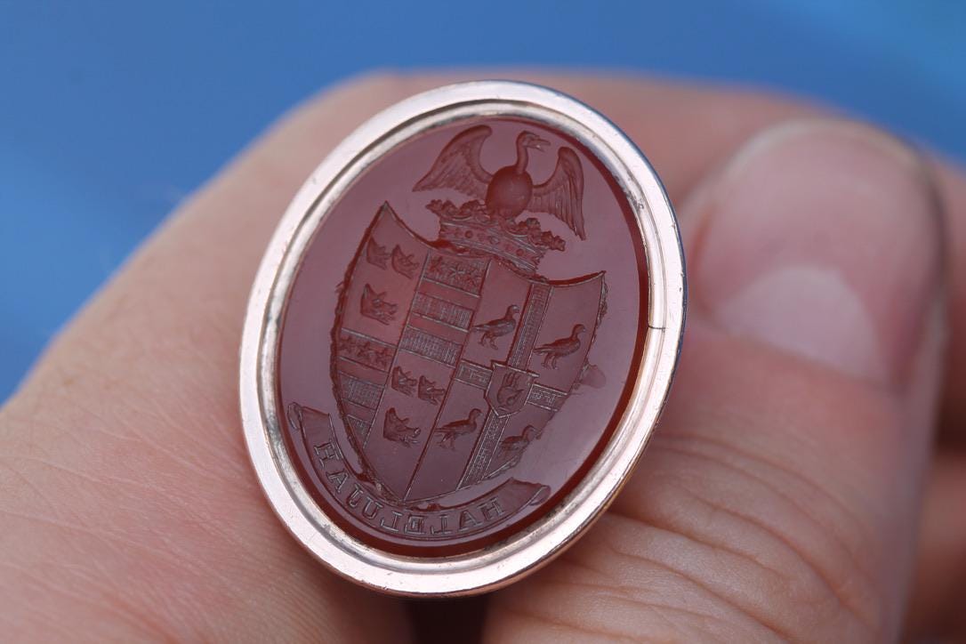 Victorian Carnelian Intaglio Pendant Seal | Phoenix & Hallelujah | Heraldic Crest | c.1860