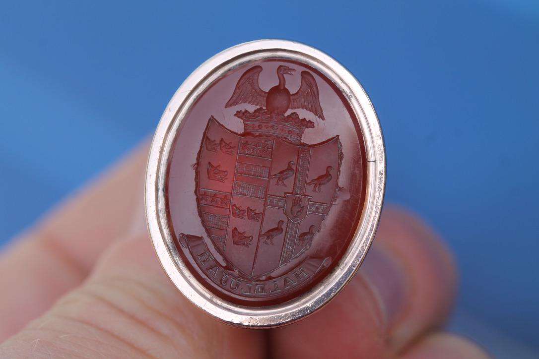 Victorian Carnelian Intaglio Pendant Seal | Phoenix & Hallelujah | Heraldic Crest | c.1860