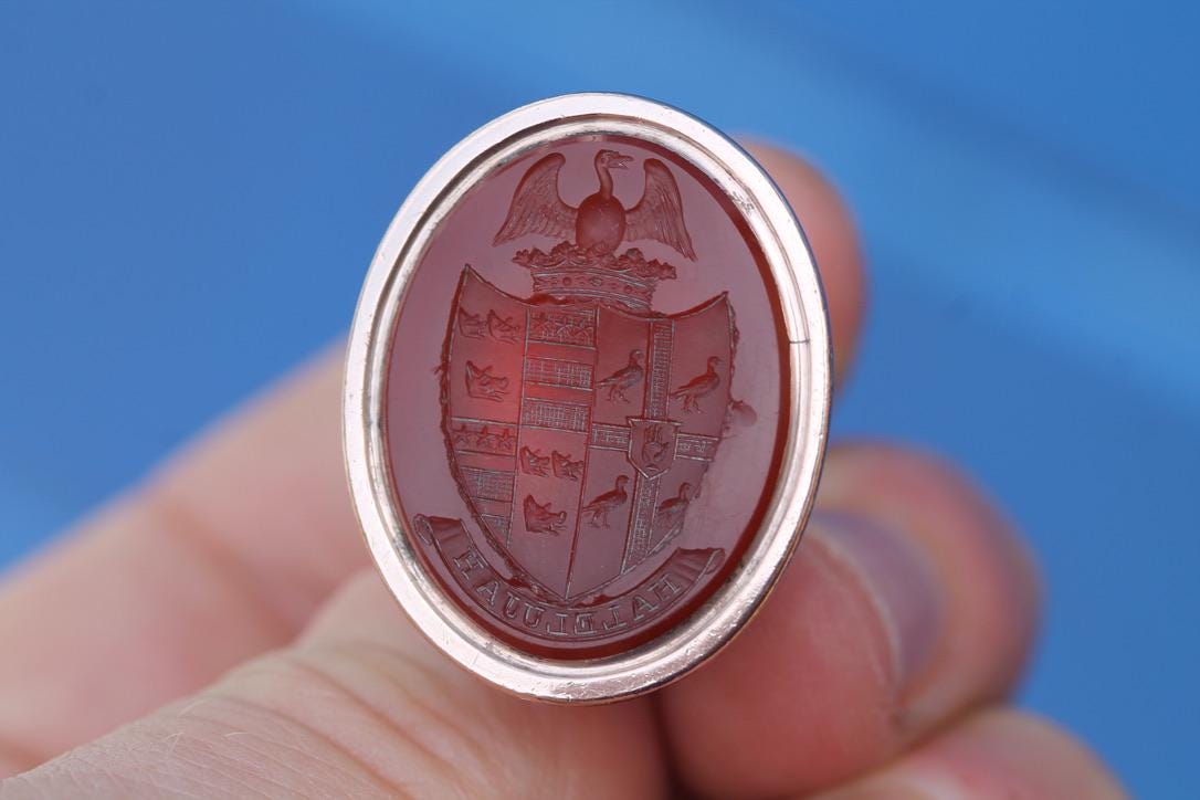 Victorian Carnelian Intaglio Pendant Seal | Phoenix & Hallelujah | Heraldic Crest | c.1860