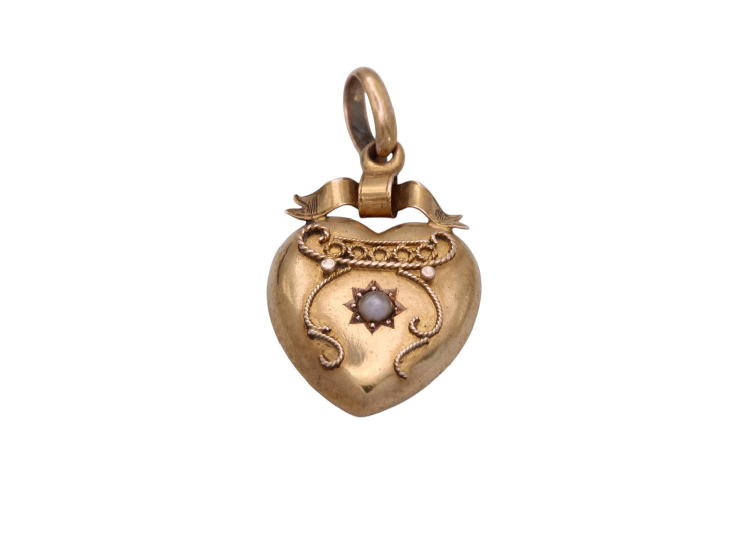 Antique 15ct Gold Heart Pendant | Seed Pearl | Bow Ribbon Motif | Edwardian