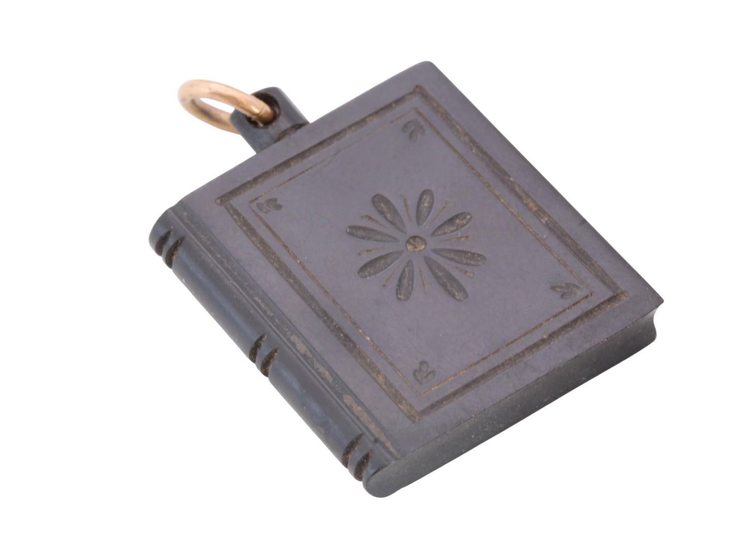 Antique Whitby Jet Book Pendant | Floral Carving | 9ct Gold Jump Ring | Victorian