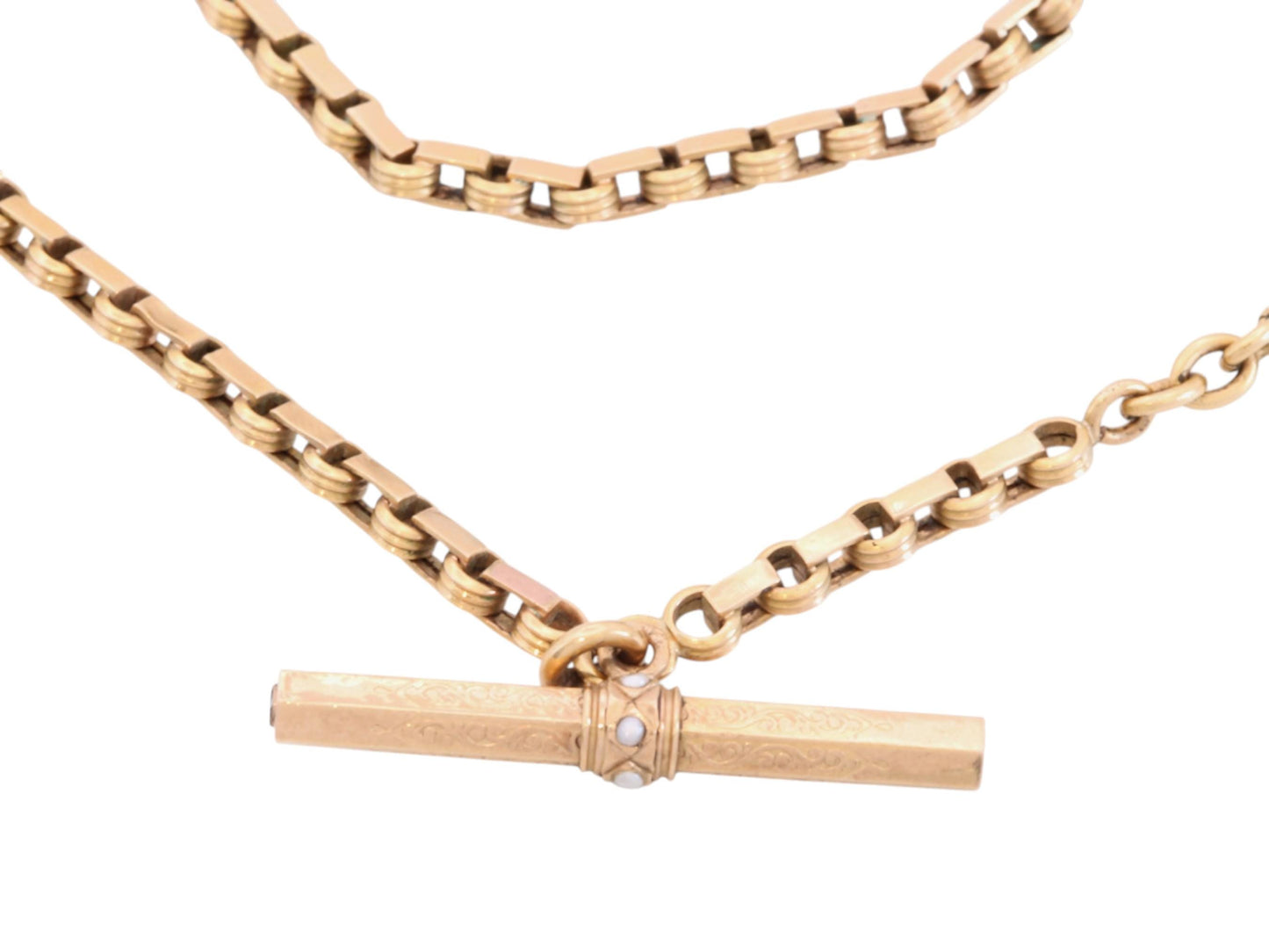 Antique 18ct Gold French Albert Chain | Seed Pearl T-Bar | Watch Key | Victorian