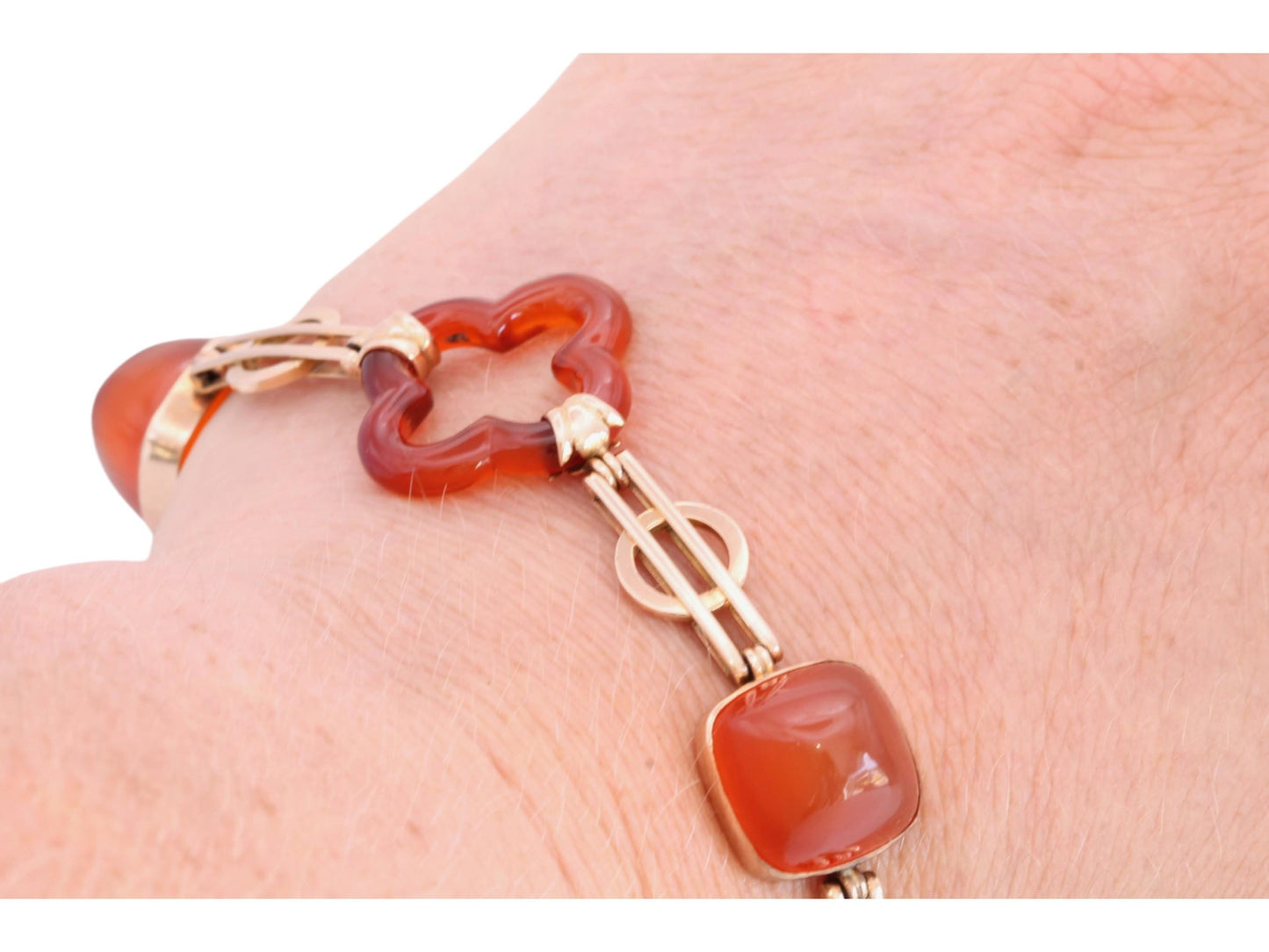 Antique 15ct Gold Bracelet | Sugarloaf Agate, Quatrefoil Links | Edwardian