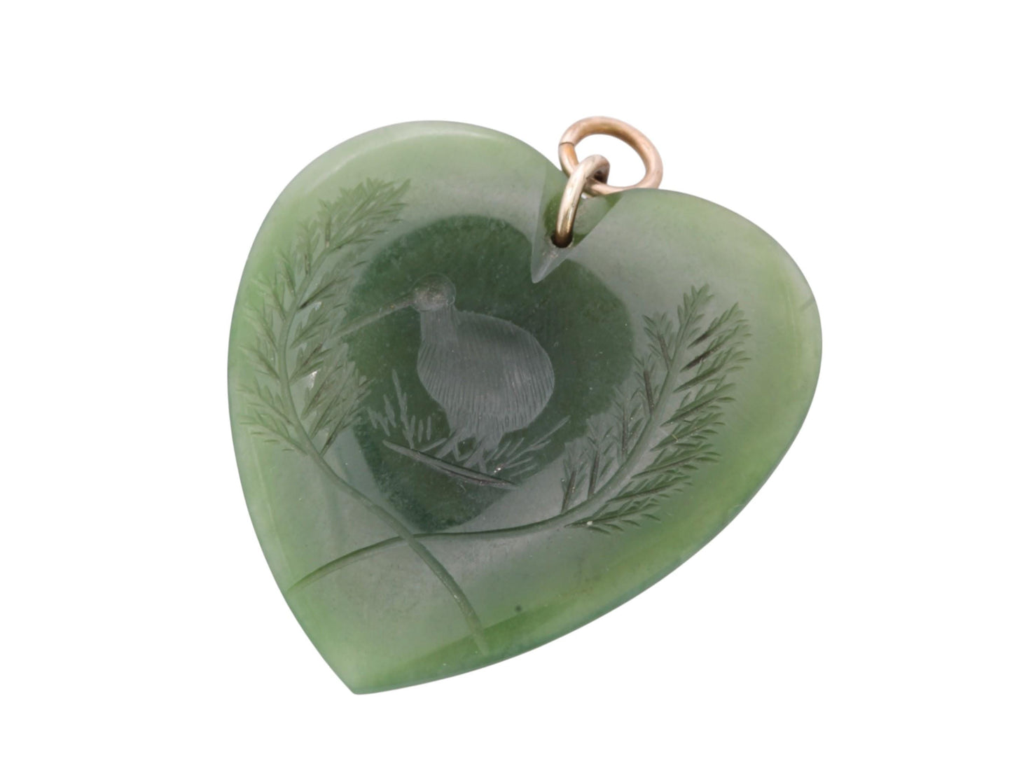 Antique-New-Zealand-Nephrite-Heart-Pendant-|-Carved-Kiwi-Bird-|-c.1900