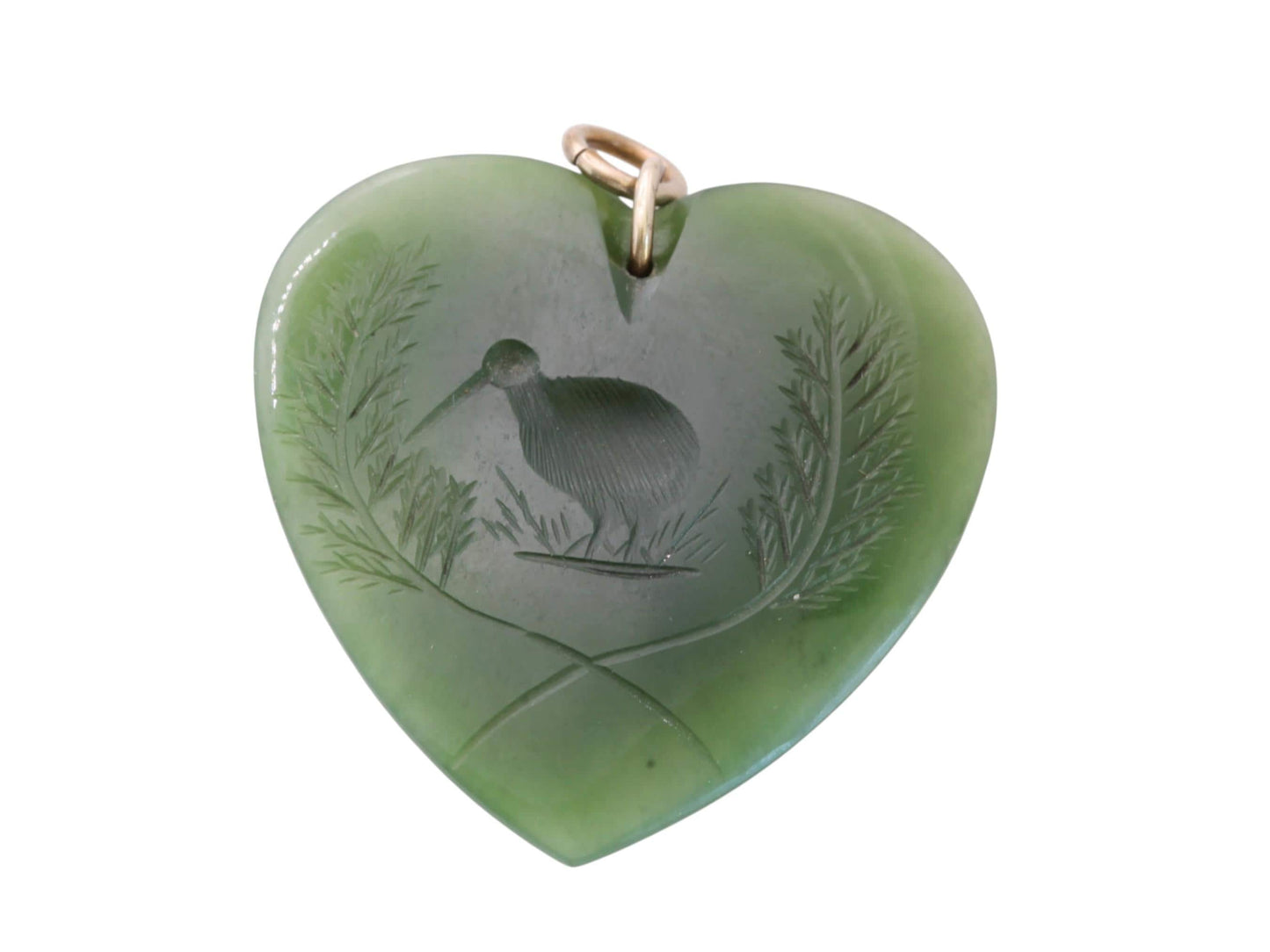 Antique New Zealand Nephrite Heart Pendant | Carved Kiwi Bird | c.1900