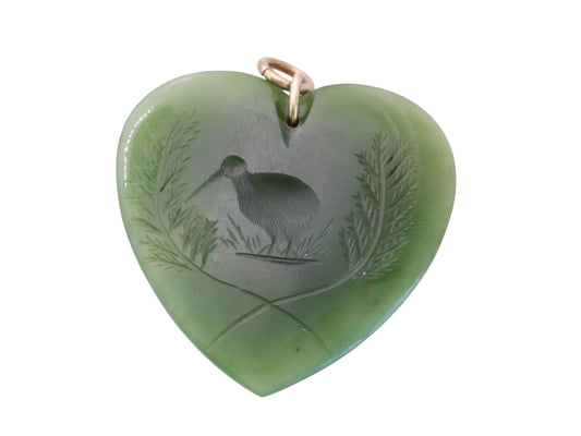 Antique New Zealand Nephrite Heart Pendant | Carved Kiwi Bird | c.1900