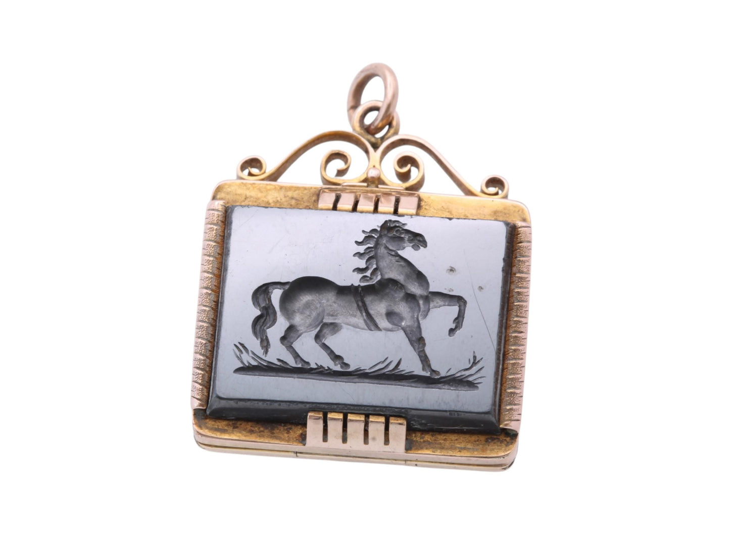 Victorian 12ct Gold Pendant | Carved Hematite Horse | Onyx Reverse | Opens as Locket | c.1860