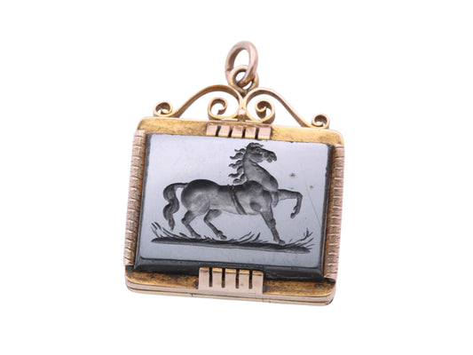 Victorian 12ct Gold Pendant | Carved Hematite Horse | Onyx Reverse | Opens as Locket | c.1860