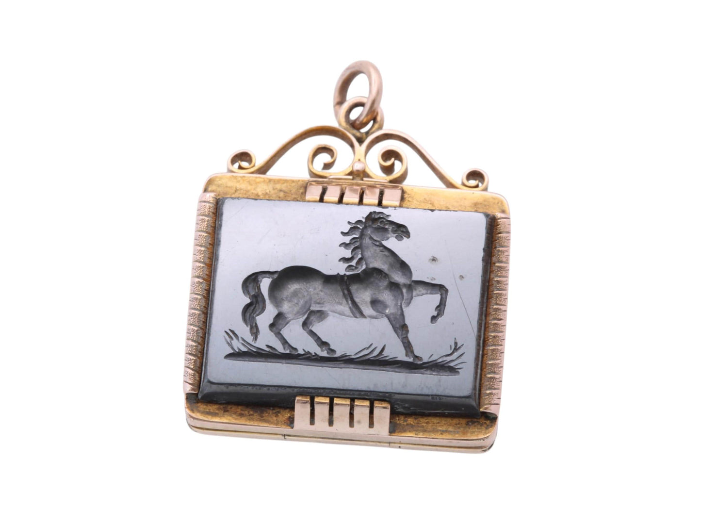 Victorian 12ct Gold Pendant | Carved Hematite Horse | Onyx Reverse | Opens as Locket | c.1860