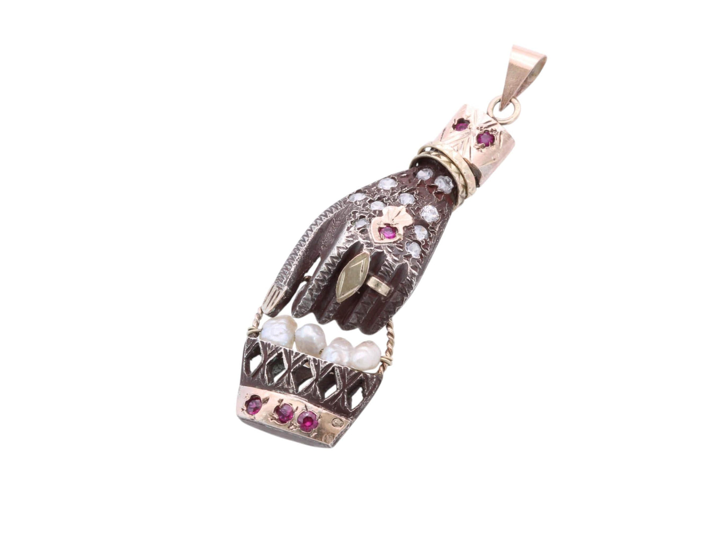 Antique Art Deco 800 Silver & 9ct Gold Pendant | Hand Holding Pearl Basket