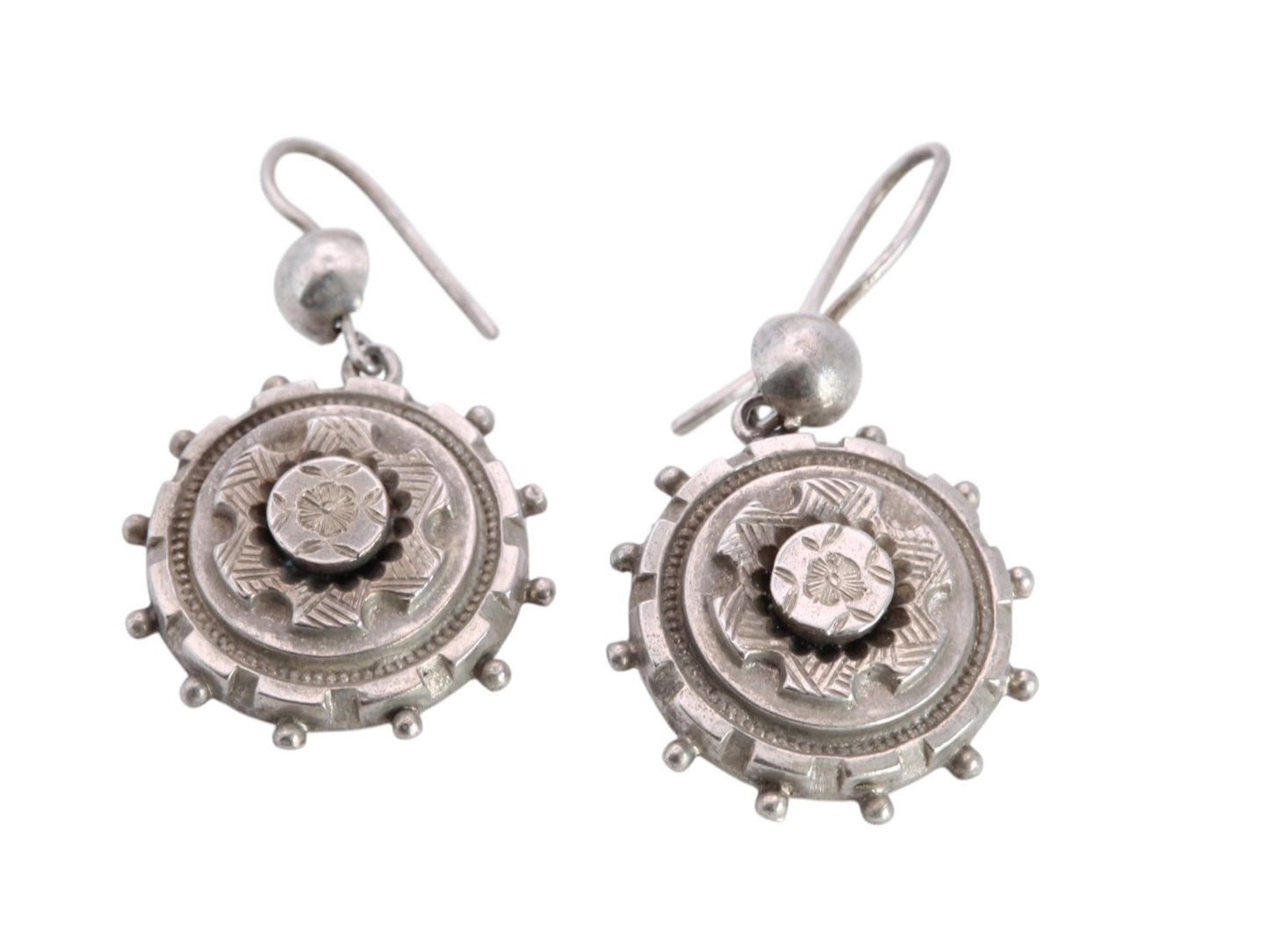 Antique Victorian Sterling Silver Drop Earrings | Chased Flower