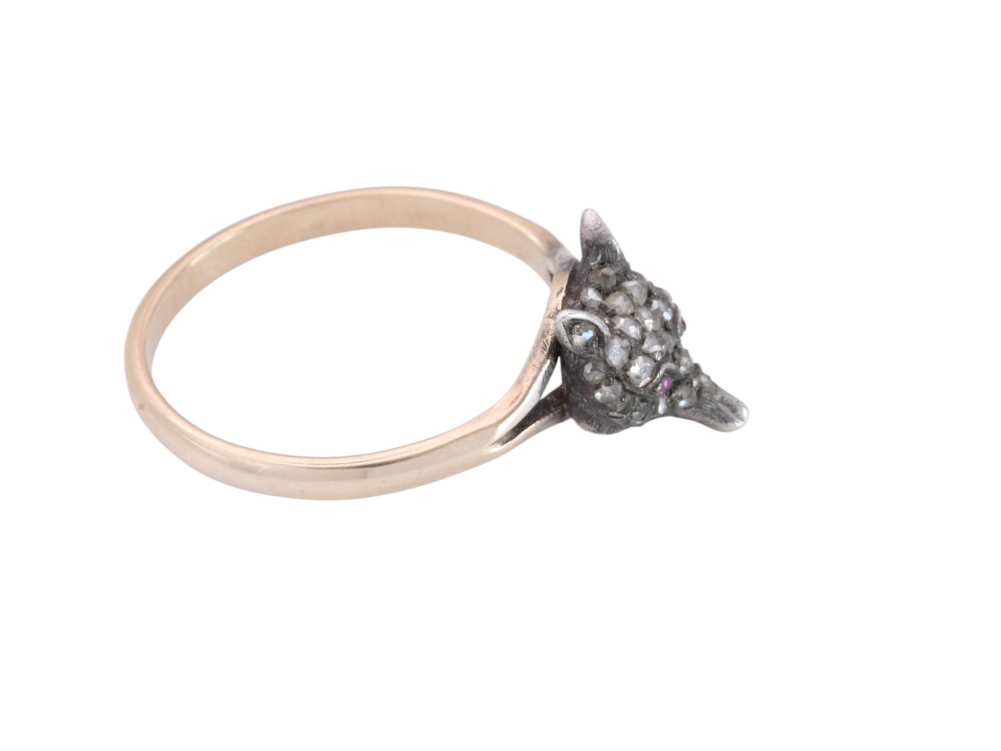 Victorian 9ct Gold Fox Head Ring | Silver Fox | Rose Cut Diamonds & Ruby Eyes