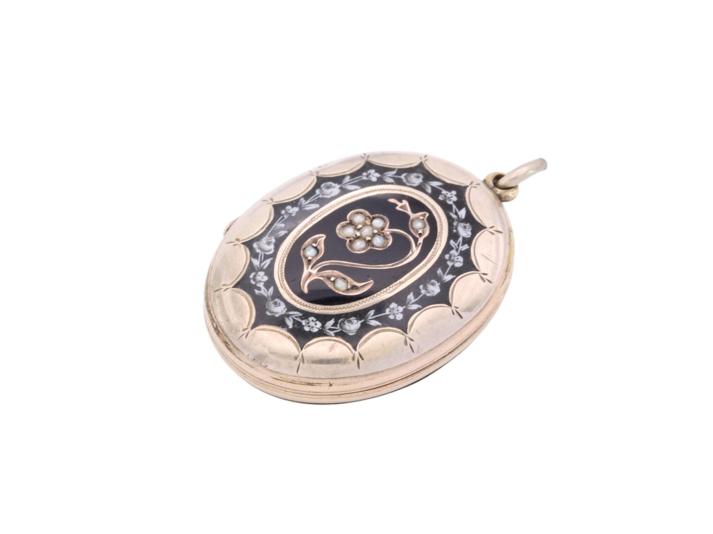 Antique Victorian 9ct Gold Locket | Black Enamel | Seed Pearl Forget-Me-Not