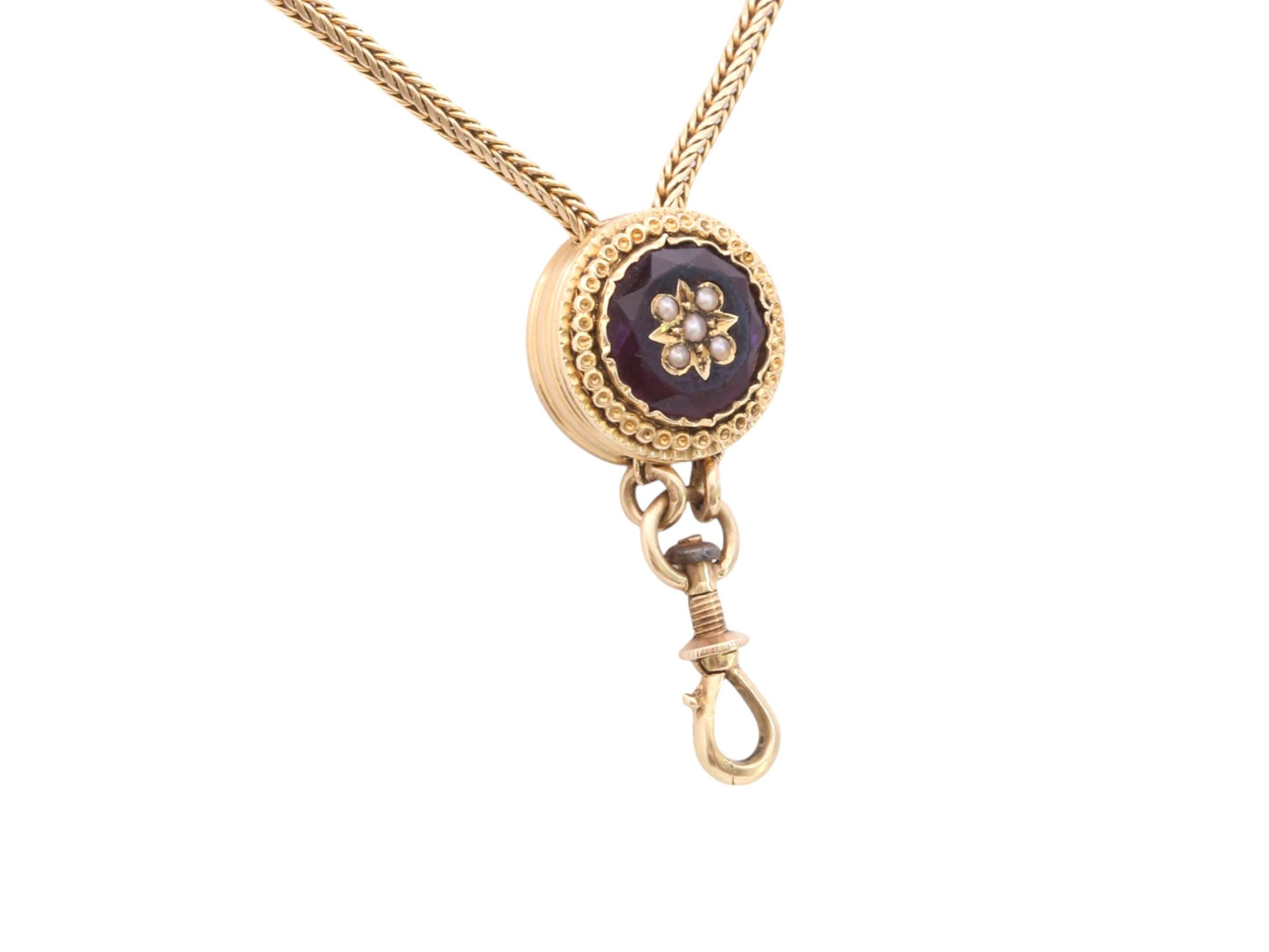 Antique 18ct Gold French Long Guard Chain | Foxtail Link Amethyst Slider | c.1860