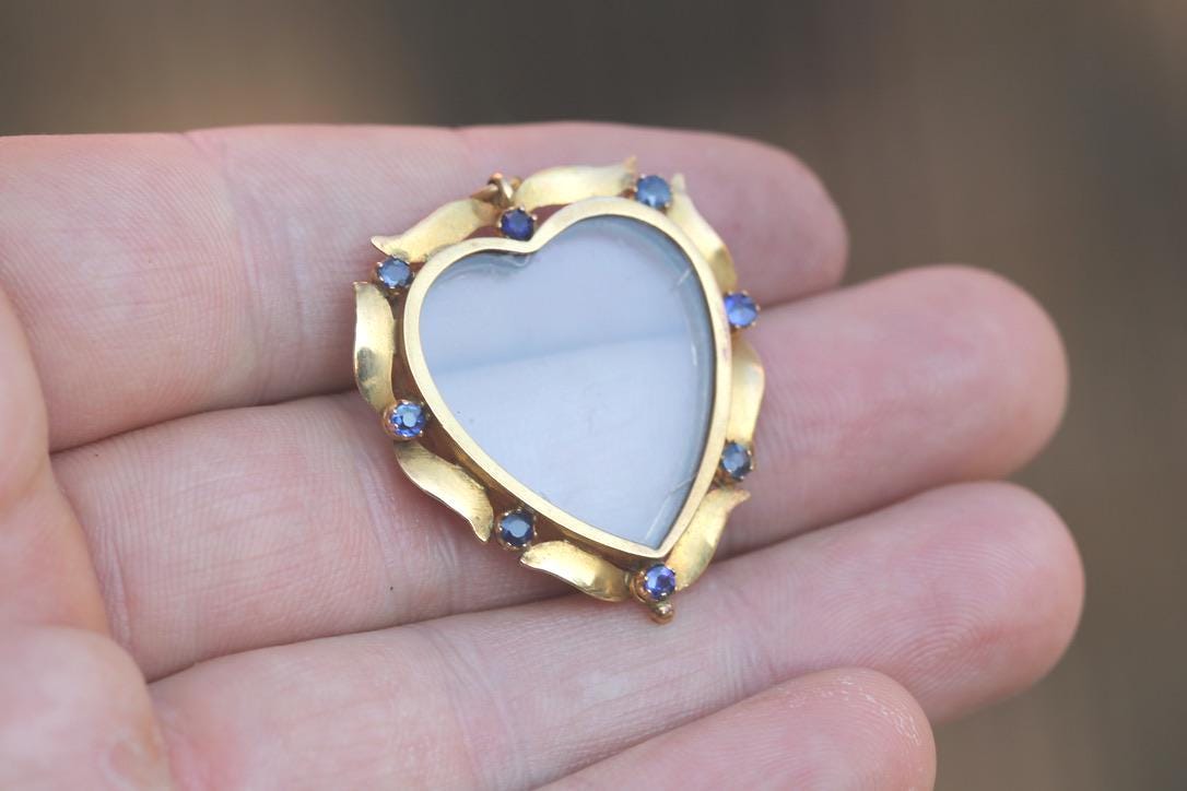 Vintage 9ct Gold Heart Pendant | Blue Paste Stones | Removable Glass Keepsake | c.1960